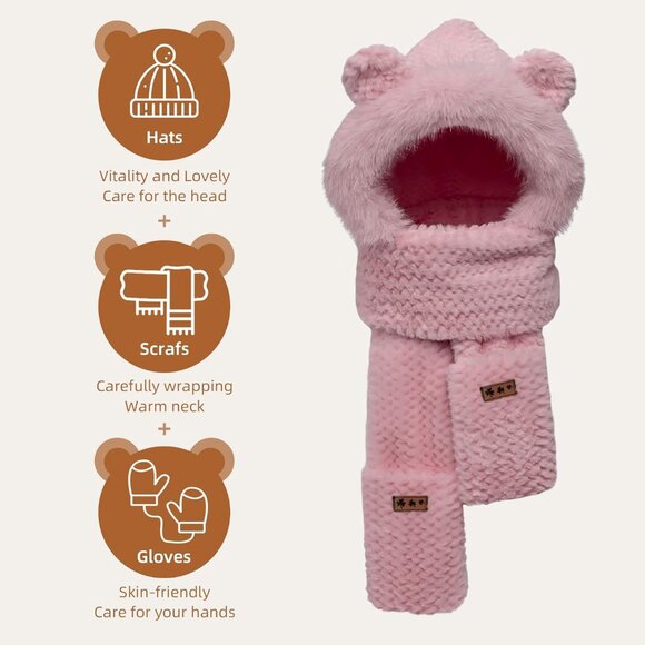 Women's Pink Hooded Scarf Cute Bear Ear Hat Faux Fur Gloves Set Soft - Picture 8 of 9